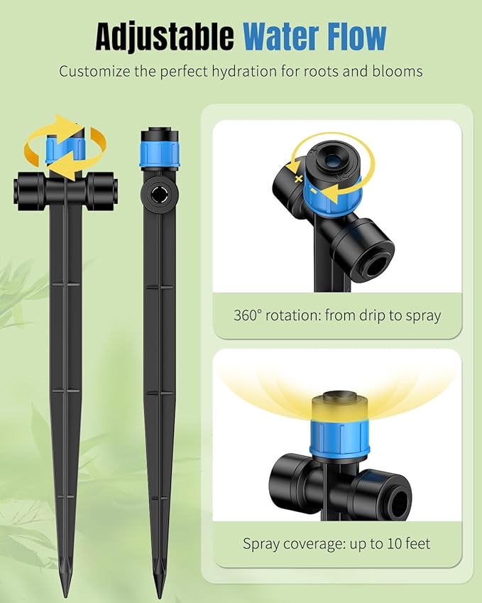 Pawfly 60 Pcs Push-to-Fit Drip Irrigation Emitters for 1/4 Inch Tubing with Stake & End Plugs, Two-Way Connection Irrigation Drippers, Drip Emitters Sprayers with Adjustable 360 Degree Water Flow