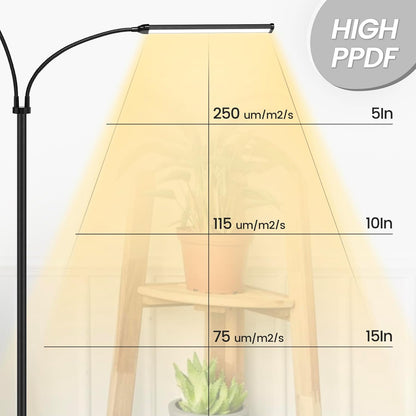 Plant Grow Light for Indoor, Full Spectrum Dual Heads Grow Light, 66.5in Extendable Stand,144 LEDs,10-Level Dimmable, Auto Timer, Adjustable Gooseneck Floor Lamp for Tall Large Plants
