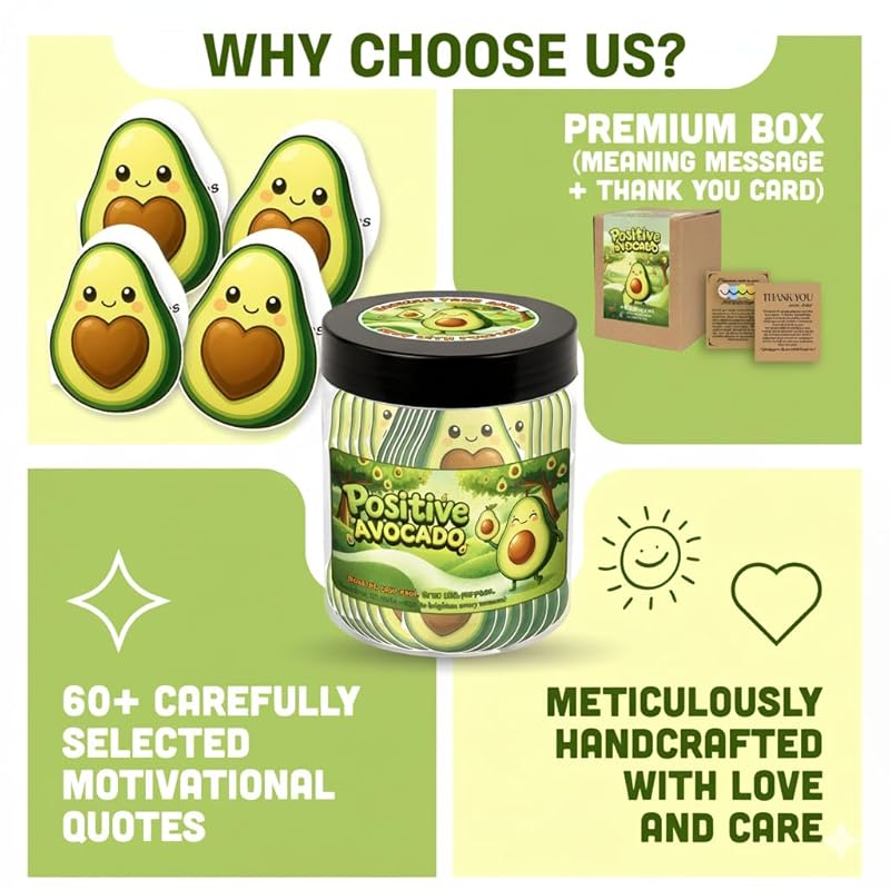 Positive Avocado Jar - 60 Affirmation Cards, Emotional Support Avocado, Avocado Gifts, Avocado Gifts for Women, Inspirational & Mental Health Gifts, Good Luck Gifts For Teens, Women, Friends