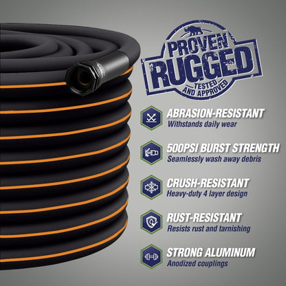 Rugged Rhino Heavy Duty Flexible Light Weight Garden Hose, 25ft x 5/8in, 4 Layer Leakproof Outdoor Gardening Tools, Watering Supplies, Powerful Water Pressure for Lawn, Flowers, Black Orange