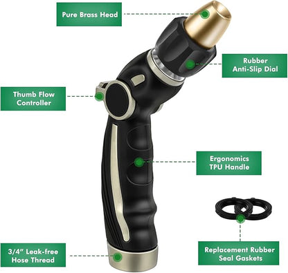 RESTMO High Pressure Hose Nozzle Sprayer, Heavy Duty Brass Head, Metal Water Hose Nozzle for Car Washing, Garden Cleaning, Lawn and Plant Watering, Adjustable Thumb Flow Control, 4 Spray Patterns