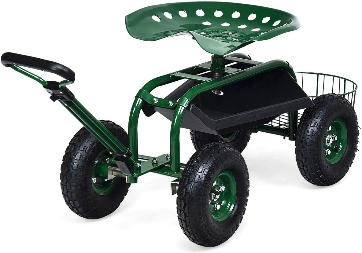 Goplus Rolling Garden Cart with Seat, Outdoor Garden Stool with Wheels, Tool Tray & Basket, Adjustable Steering Handle, 360 Degree Swivel Seat for Planting, Gardening Scooter for Lawn, Yard, Patio