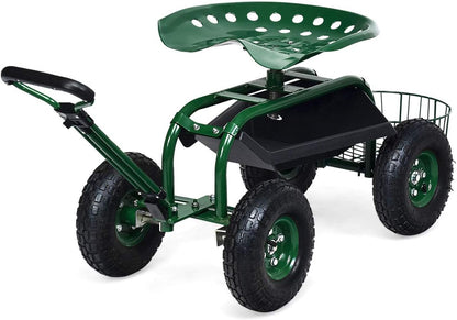 Goplus Rolling Garden Cart with Seat, Outdoor Garden Stool with Wheels, Tool Tray & Basket, Adjustable Steering Handle, 360 Degree Swivel Seat for Planting, Gardening Scooter for Lawn, Yard, Patio