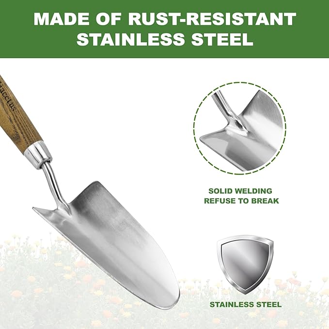 Haliaeetus Garden Trowel, Bend-Proof Stainless Steel Hand Trowel, Trowel Garden Tool with Comfortable Grip Wood Handle, Large Shovel Head Gardening Trowel for Potting up Plants and Digging in Plants