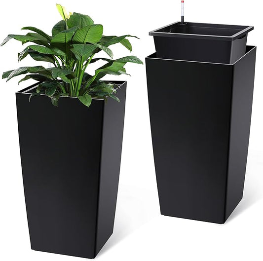 GarveeLife 30 in Tall Planters Set of 2, Outdoor＆Indoor Black Planter Pots, High Front Porch Planter Pots With Drainage Holes＆Water Level Monitor Movable Wheels ＆Inner Bucket, Automatic Watering,Black