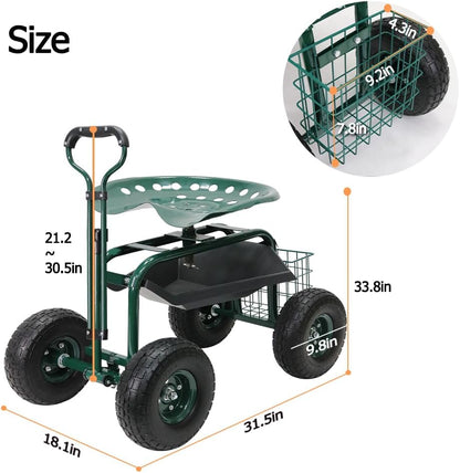 PLKO Garden Cart on Wheels,Rolling Garden Cart with Seat,Heavy Duty Gardening Stool with Basket,Adjustable Steering Handle, 360 Degree Swivel Seat for Yard,Patio,and Outdoor