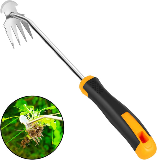 Uprooting Weeding Tool - Hand Held Weeder Puller Tool, Rubber Handle, 4 Teeth Weed Remover for Garden Farm Weeding