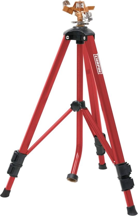 Chapin 4993: Heavy Duty Brass Head Tripod Impact Lawn Sprinkler, 360 Degree Coverage for Large Lawns, Golf Courses, Gardens, Adjustable Height, Gooseneck Hose Connection, Red and Black