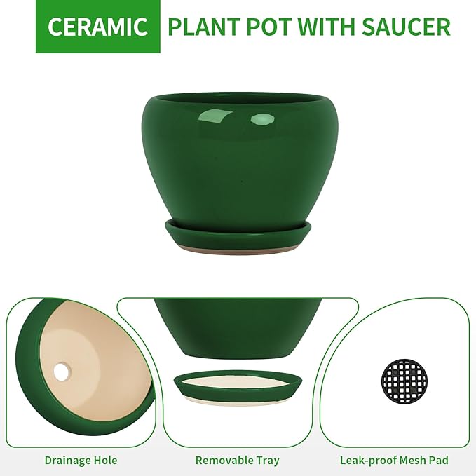 Deep Dream 10 Inch Plant Pot- Ceramic Planter Pot Round Plant Pots for Indoor Plants Outdoor Large Flower Pot with Drainage Holes & Trays, Green