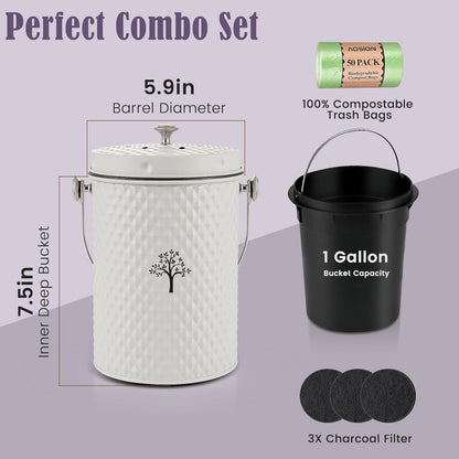 AOSION Countertop Compost Bin Kitchen,Odorless Indoor Compost Bin with Lid and Compost Bags,Compost Bucket Composter Container for Food Waste,Creamy White