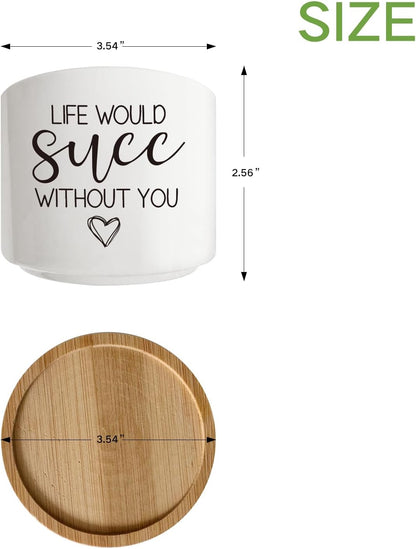 Life Would SUCC Without You Succulent Cactus Cute Planter Pots with Bamboo Tray, Office Kitchen Home Windowsill Indoor Decor, Gift for Friends Mom Coworkers Teachers Plant Lovers