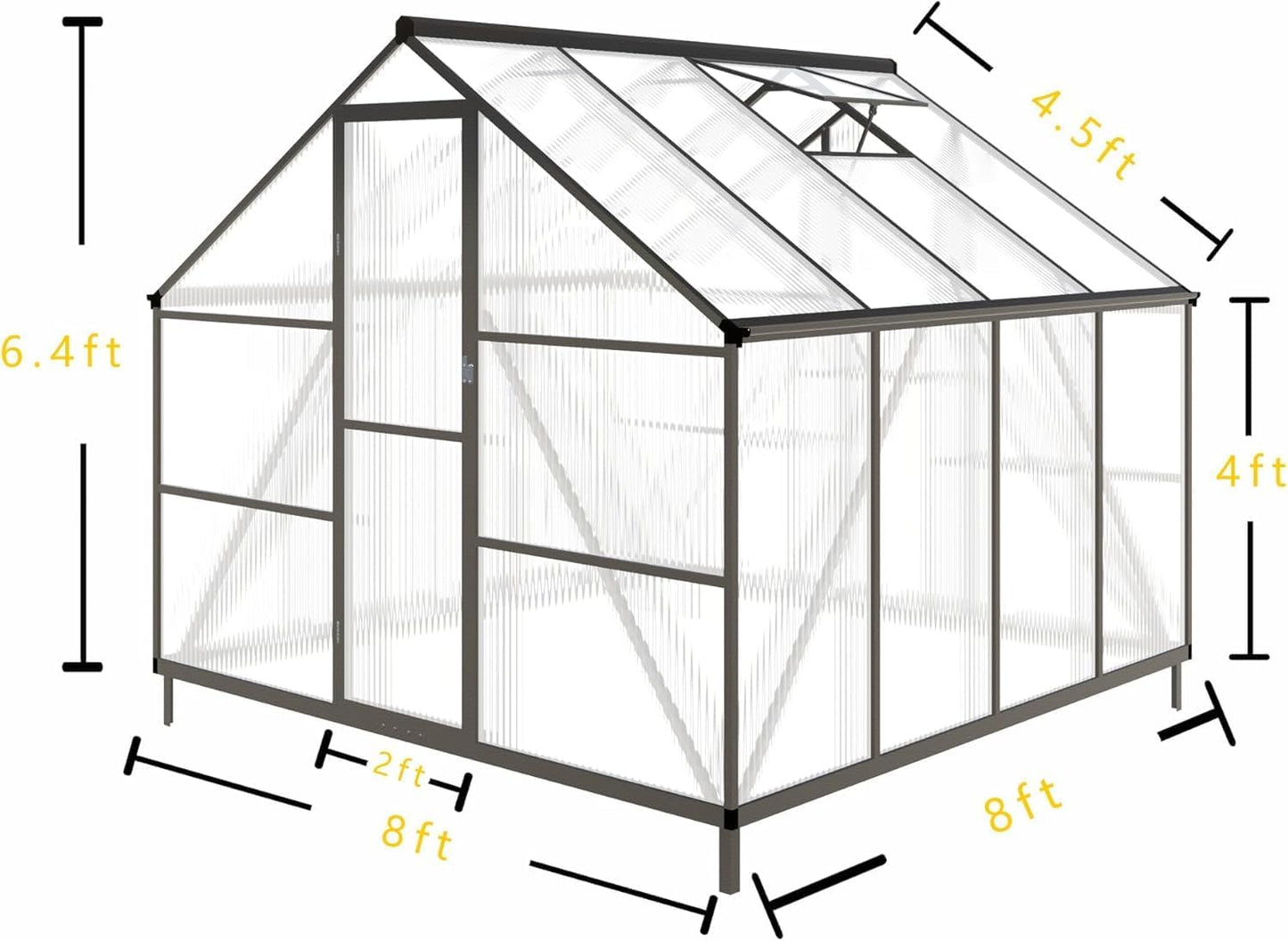 8x8 FT Greenhouse for Outdoors, Polycarbonate Greenhouse with Quick Setup Structure and Roof Vent, Aluminum Large Walk-in Green House for Outside Garden Backyard, Dark Gray