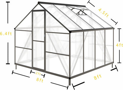 8x8 FT Greenhouse for Outdoors, Polycarbonate Greenhouse with Quick Setup Structure and Roof Vent, Aluminum Large Walk-in Green House for Outside Garden Backyard, Dark Gray
