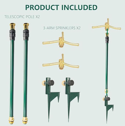 Hourleey 3-Arm Garden Sprinkler, 2 Pack High-Rise Lawn Sprinkler with Adjustable Telescoping Base, 360 Degree Rotation Sprinklers for Large Area Coverage Gardening Watering Lawn Irrigation System