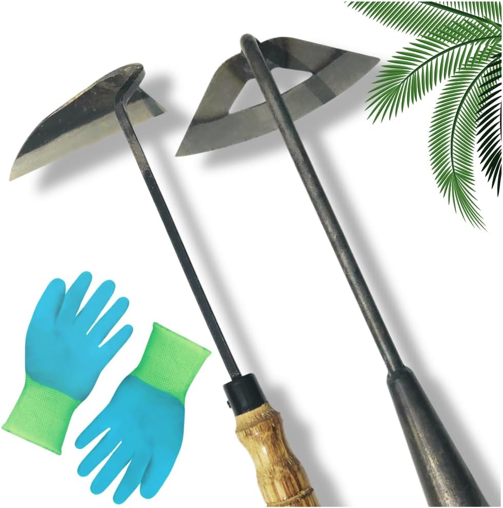 Pack of Gardening Tools Weeding Tool and Garden Hoe Weed Removal Tool with Blade Quick Weeder and Gardening Gloves (Hollow Hoe + Weeding Sickle)