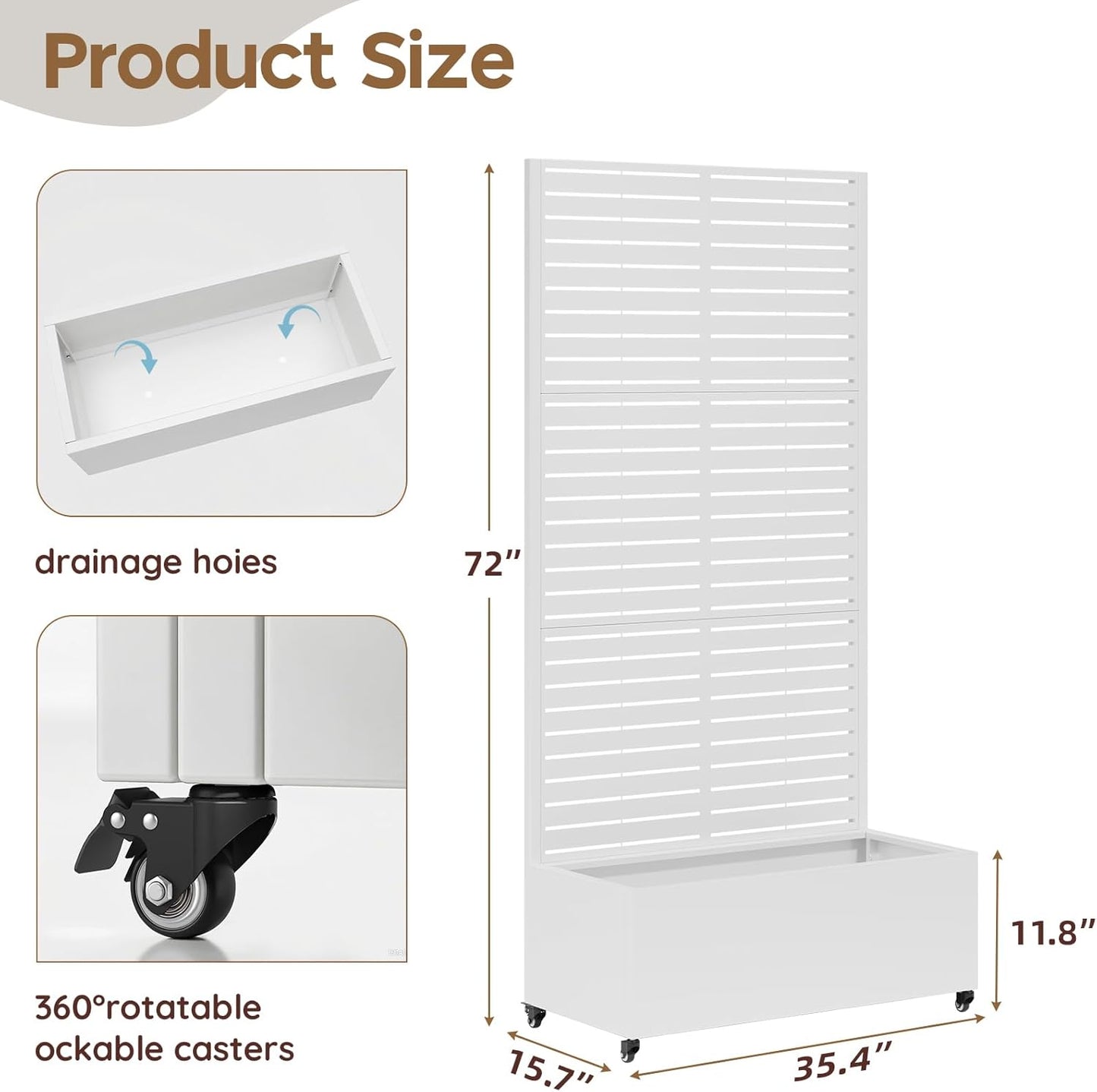 Metal Raised Garden Bed with Trellis & Wheels,72" x 35"x 15.7" Planter Box with Trellis,Privacy Planters for Patio,Garden Bed for Climbing Plants,Suitable for Climbing Plants and Vegetables,White