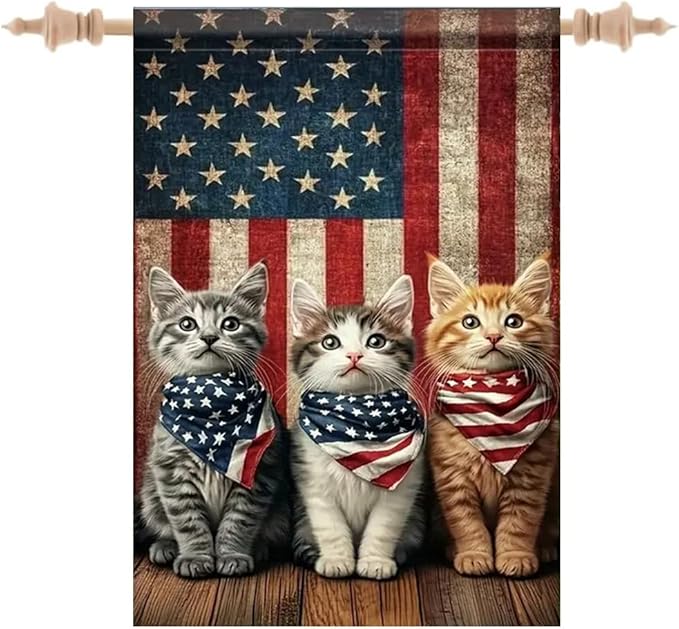 Patriotic Stars and Stripes Garden Flag 12x18 Inch Double Sided Outside, USA 4th of July Memorial Day Independence Day Watercolor Yard Outdoor Decoration(cat)