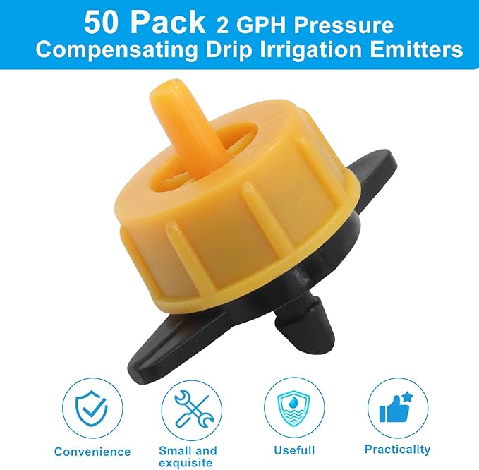 50 Pack 2 GPH Pressure Compensating Drip Irrigation Emitters, Premium Plastic Drip Sprinklers for 1/4" Tubing for Indoor/Outdoor Plants, Gardens & Landscapes
