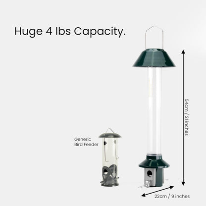 Roamwild PestOff 2.0 Squirrel Proof Wild Bird Feeder Mixed Seed Sunflower Heart Version - GREEN - HUGE 4LBS SEED CAPACITY – 26”x8”x8” (w/hanger)