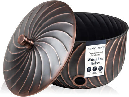 Monarch Abode Decorative Garden Hose Holder with Lid, Antique Copper Storage for Outdoor Use, 100 ft Water Hose Pot for Outside, Wave Embossed Metal Pot with Drainage, Garden Storage Organizer