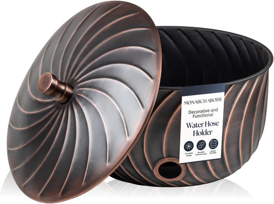 Monarch Abode Decorative Garden Hose Holder with Lid, Antique Copper Storage for Outdoor Use, 100 ft Water Hose Pot for Outside, Wave Embossed Metal Pot with Drainage, Garden Storage Organizer