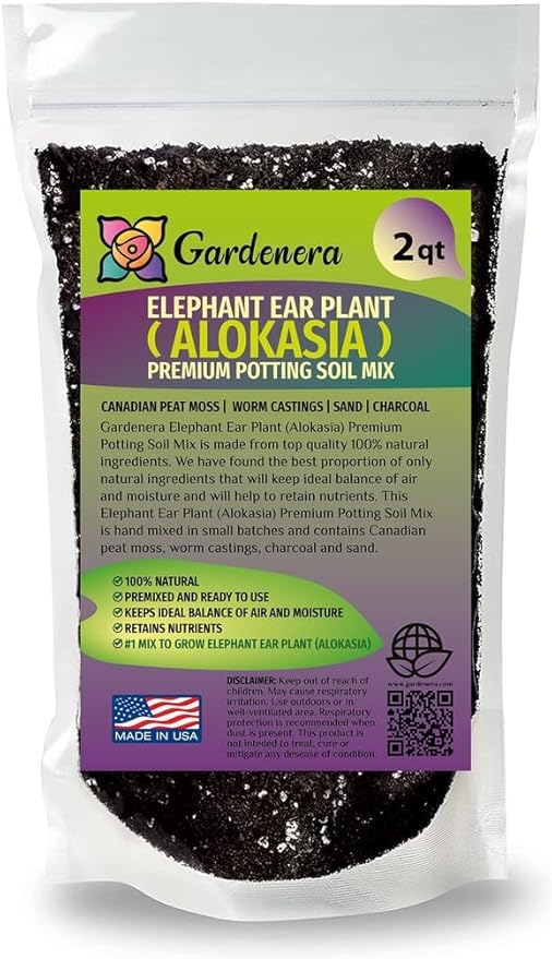 Organic Elephant Ear Plant Soil Mix by Gardenera - Specially Formulated for Thriving Alokasia Plants and Vibrant Leaves - 2 Quart