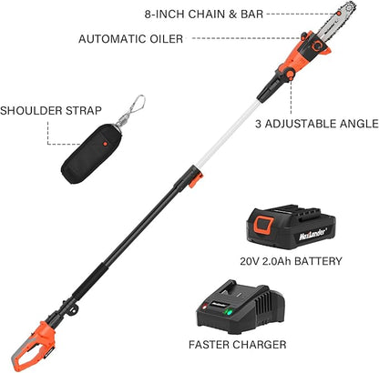 MAXLANDER 8 Inch Cordless Pole Saw, 20V Power Pole Chainsaw for Tree Trimming, Telescoping Electric Tool-free Installation, Adjustable Head Pole Saw with 2.0Ah Battery & Fast Charger