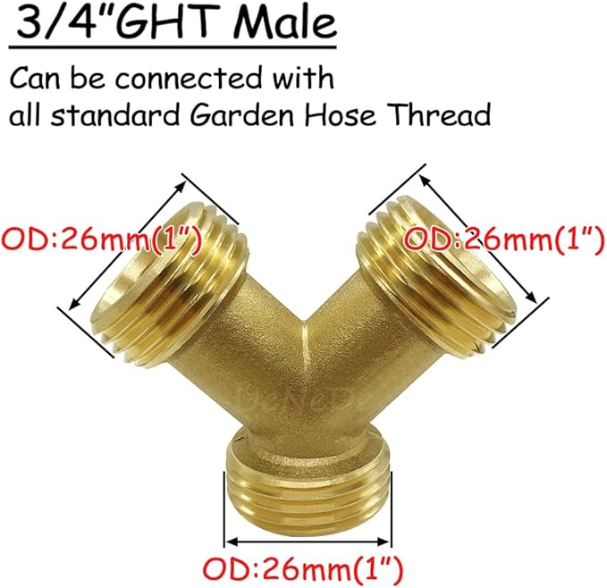 2PCS Garden Hose Splitter Brass 3/4" GHT Male Thread Heavy Duty 2 Way Y Connector Garden Hose Adapter for Backyard Water Tap, Outlet, & Spigot