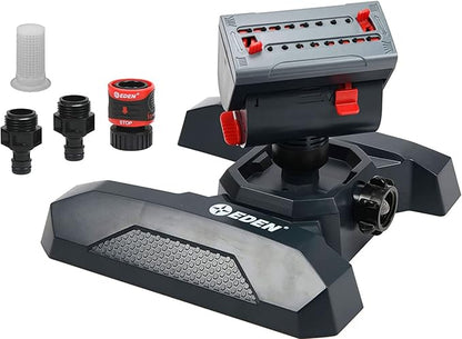Eden 95124 Adjustable 4-Way Mini Turbo Oscillating Sprinkler W/Quick Connect Starter Set, Covers up to 4,069 sq. ft. Heavy Weight Base & 95210 Premium Garden Hose Fitting Quick Connect, 5 pc Set