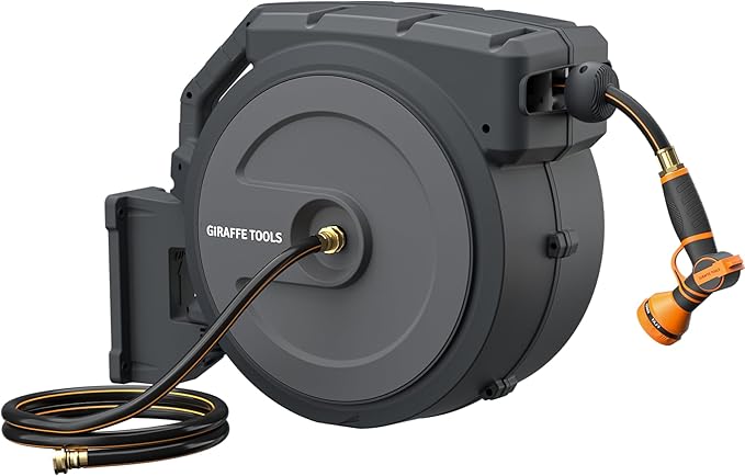 Giraffe Tools AW40 Retractable Hose Reel 5/8" x 90 ft Wall Mounted Garden Hose Reel Heavy Duty, Automatic Rewind, 180 Deg Swivel, Any Length Lock, 9 Pattern Nozzle, 90 ft, Dark Grey