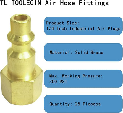 Air Hose Fittings 1/4" FNPT Industrial Air Plugs for Air Compressors 25pcs Brass Air Compressor Fittings Kit Quick Connect Air Fittings