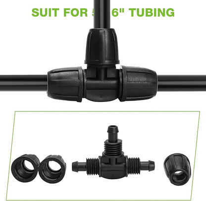 Bonviee 6 Pack 5/16 Inch Drip Irrigation Tee Connectors, Barbed Lock Fittings for 1/2” Tubing, Leak-Proof 3-Way Coupler for Garden Hose, Drip System Repair & Extension