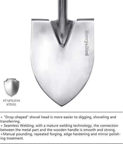 Berry&Bird Round Point Gardening Shovel with Wood D-Handle, 40.98" Stainless Steel Beach & Snow Shovel