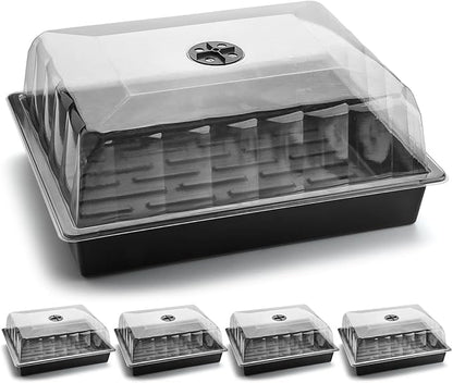 Leak-Proof Seed Starter Trays with 4" Humidity Dome & Drip Tray - 5-Pack Heavy-Duty Plastic Propagation Kit for Herbs, Microgreens, Indoor Gardening, Durable Reusable Plant Growing Trays