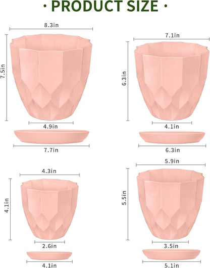 Flower Pots, 8.3/7.1/5.9/4.3 inch Nursery Plant Pot with Drainage Holes and Hole Mesh Pad and Saucers Tray for Indoor Garden Plants, Succulent, Orchid and Cactus