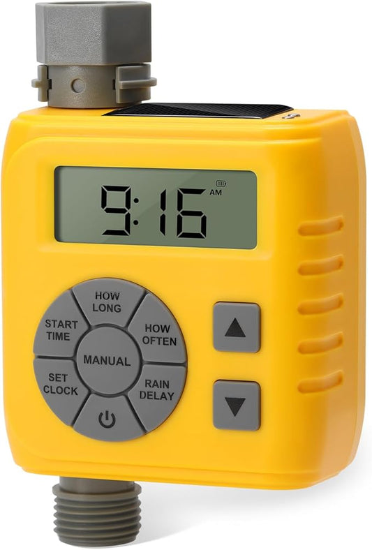 Sprinkler Timer, Programmable Irrigation Water Timer for Garden Hose, Solar/Battery Dual Power & Professional Leak-Proof Design, Rain Delay/Auto/Manual Watering System, Yellow