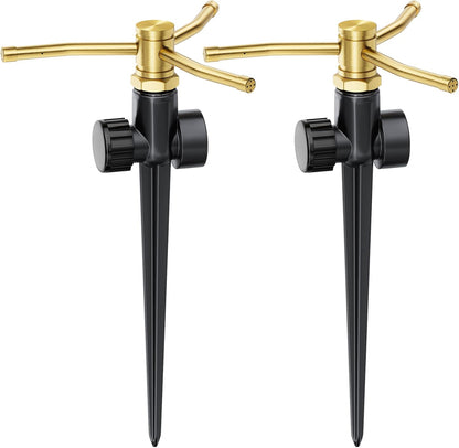FANHAO 2 Pack Metal Lawn Sprinklers for Yard with Spike Base, 3-Arm Water Sprinkler 360 Degree Automatic Rotary Garden Sprinkler System, Large Yard Area Watering for Plant, Flower Bed and Patio
