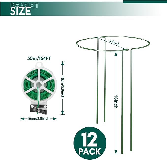 12 Pack Garden Plant Support Stakes, Half Round Peony Cages and Supports, Metal Garden Support Ring, Border Support for Outdoor Indoor Plants, Peony, Hydrangea,Tomato, Monstera