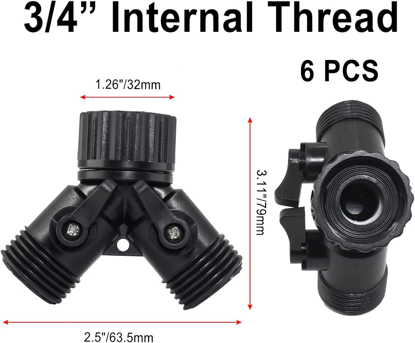 6 Pcs 2 Way Hose Adapter Y Valve Garden Hose Connector Non Rust Spigot Faucet Adapter, 3/4 Garden Hose Y Connectors Plastic Hose Splitter with Faucet Watering Shut Off Valves (Black)