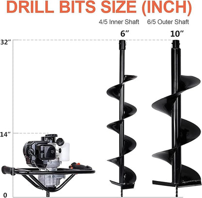 DC HOUSE 52cc 1800W Gas Powered Earth Auger EPA Certified Post Hole Digger, with 2 Drill Bits 6" 10", Mixing Ratio 30:1, for Fence, Farmland and Garden