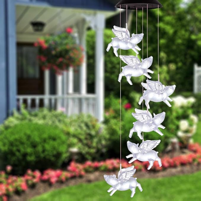 Color Changing LED Pigs Fly Wind Chimes Gift Portable Waterproof Mobile Romantic Fly Pigs Windchime, LED Solar Pig Wind Chime Lights Gift for Mom, Festival, Patio, Garden, Outdoor Decor(Black lid)