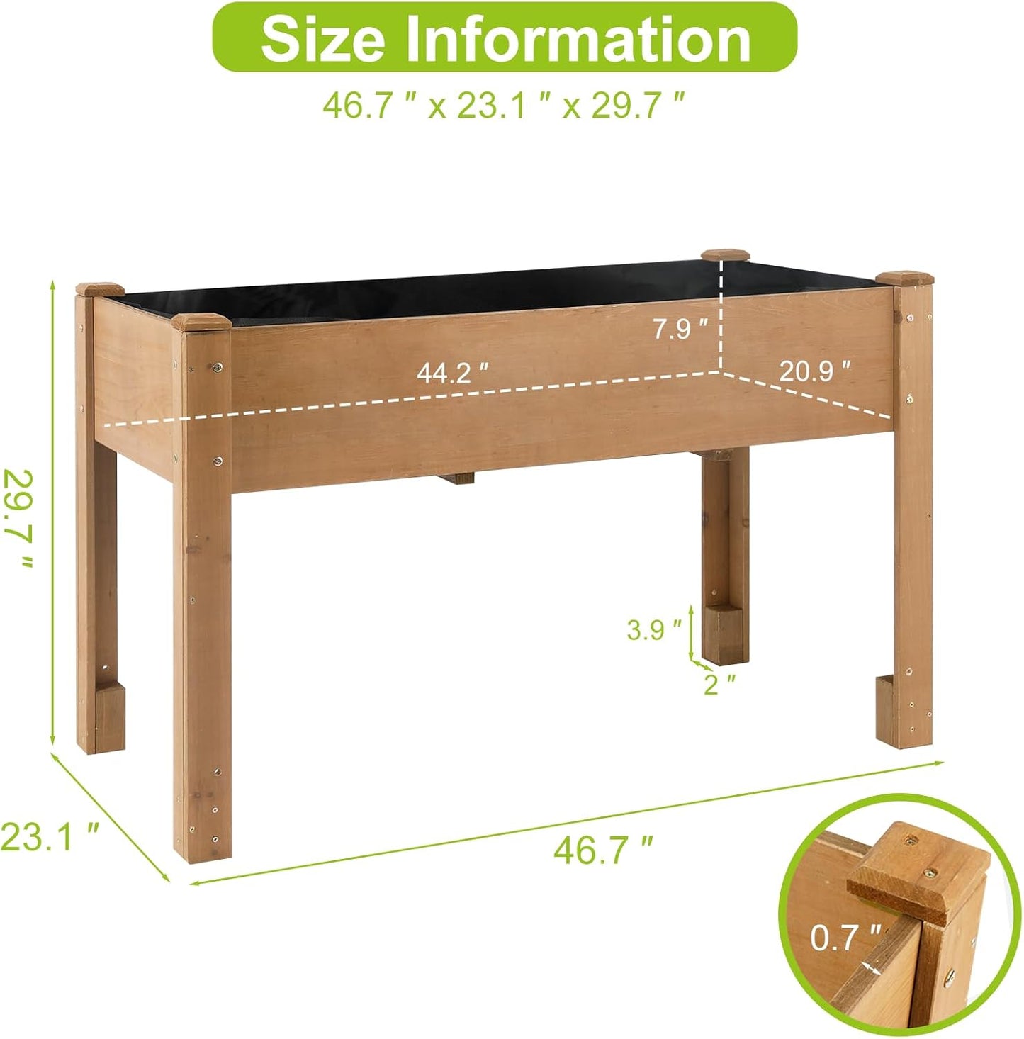 Outdoor Wood Raised Garden Bed- Elevated Planter Box with Legs, Durable Fir Wood, Reinforced Frame with Drainage Holes, Liner for Vegetables, Herbs, Flowers, 47" x 23"x 30"