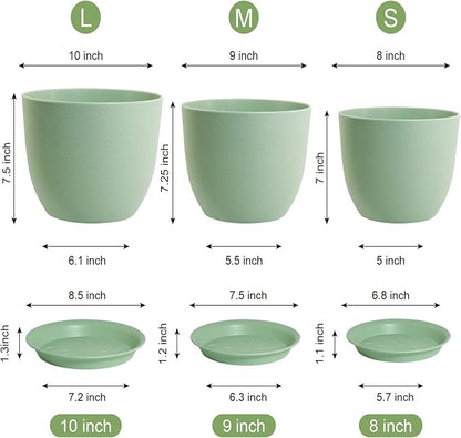 Medium Plant Pots 10/9/8 inch, Flower Pots for Indoor Outdoor Plants, Set of 3 Modern Decorative Plastic Planters with Drainage Holes and Saucers for House Porch Garden Plants, Green