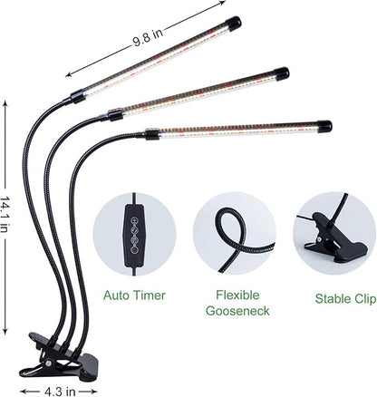 ELITUN Grow Lights for Indoor Plants, 3000k/5000k/660nm Full Spectrum Plant Light with 3/9/12H Timer, 9 Brightness Levels, Auto ON/Off, 3 Heads Clip 126 LEDs Plant Grow Lamps