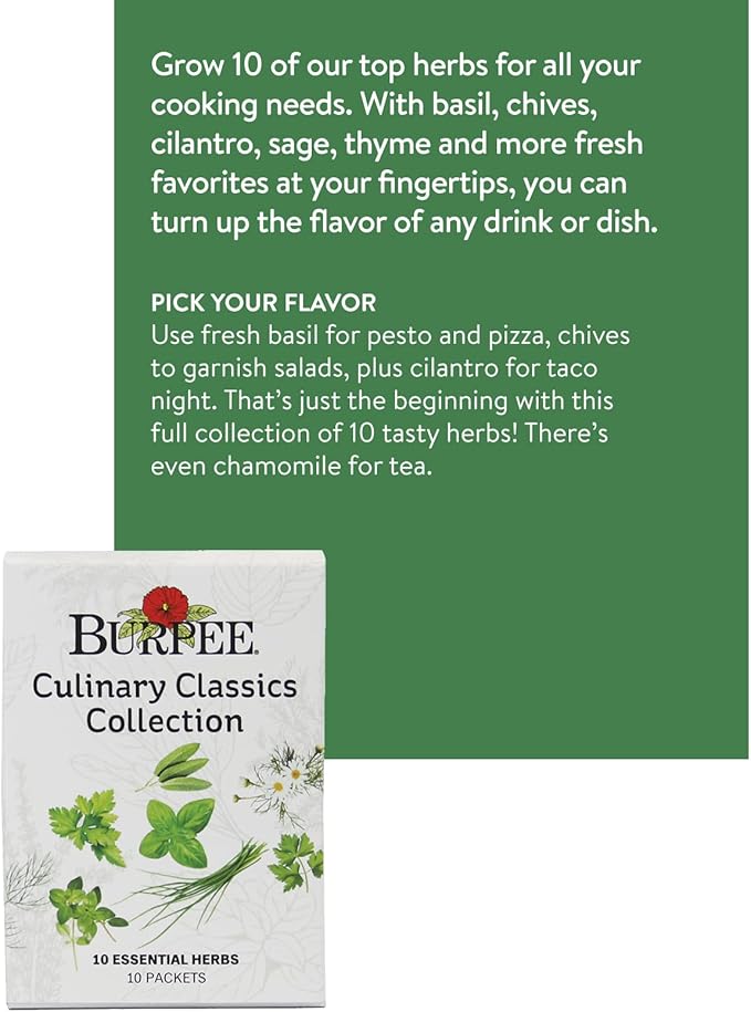 Burpee Culinary Classics Garden Collection 10 Packets of Non-GMO Chives, Cilantro, Basil, Sage, Thyme, Dill, Parsley, Chamomile, Marjoram & Oregano | Kitchen Herb Variety Pack, Seeds for Planting