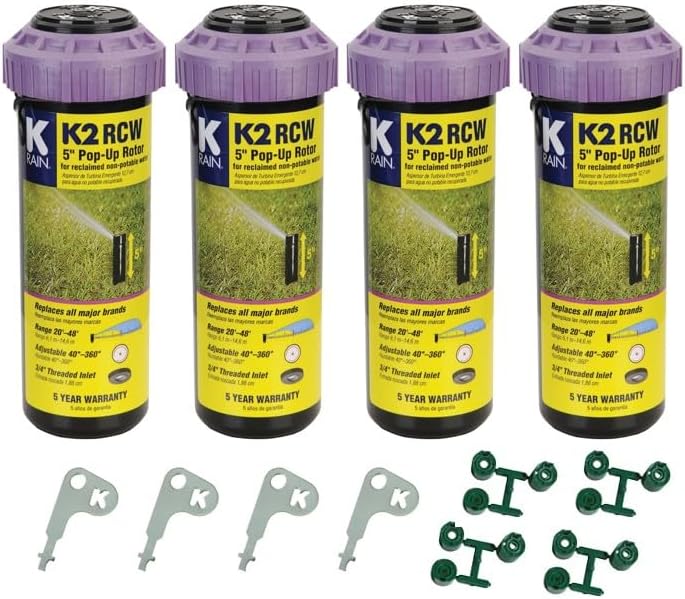 K Rain K2 RCW 3/4" Female Inlet 5" Pop-Up | 2.5 GPM Single Stream Nozzle | 40° - 360° Arc Spray Pattern | for Reclaimed Water | Pack of 4