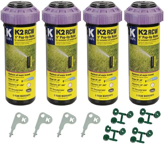 K Rain K2 RCW 3/4" Female Inlet 5" Pop-Up | 2.5 GPM Single Stream Nozzle | 40° - 360° Arc Spray Pattern | for Reclaimed Water | Pack of 4