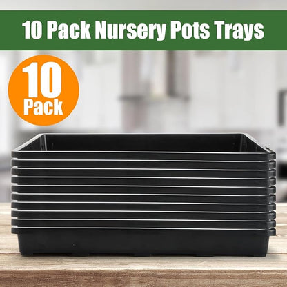10 Pack Nursery Pots Trays (17"x11"x2"), Plastic Flat Seed Starter Trays, Durable Carrying Seedling Starter Tray, Reusable Tray for Planting and Collecting Drainage Water (Black)