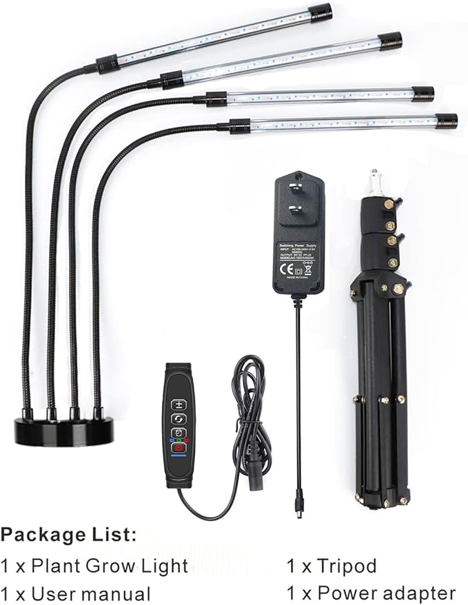 Grow Lights with Stand,4 Goosenecks Floor Plant Light for Indoor Plants,10 Dimmable Levels & Auto On/Off Timer (3/9/12H Timer), Tripod Stand Plant Lamp Height Adjustable,Red and Blue Light.