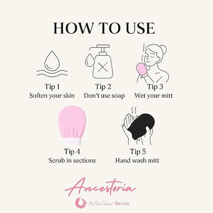 Ancestoria Korean Exfoliating Gloves for Shower, Pink and Black, 2-Pack, Deep Exfoliating Mitts for Body, Reusable and Chemical-Free, A HerTime2 Brand